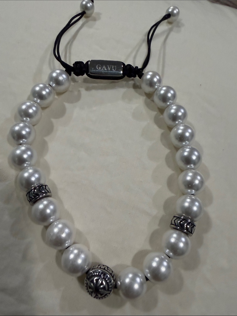 White Faux Pearl Bracelet with Silver Tone Compass